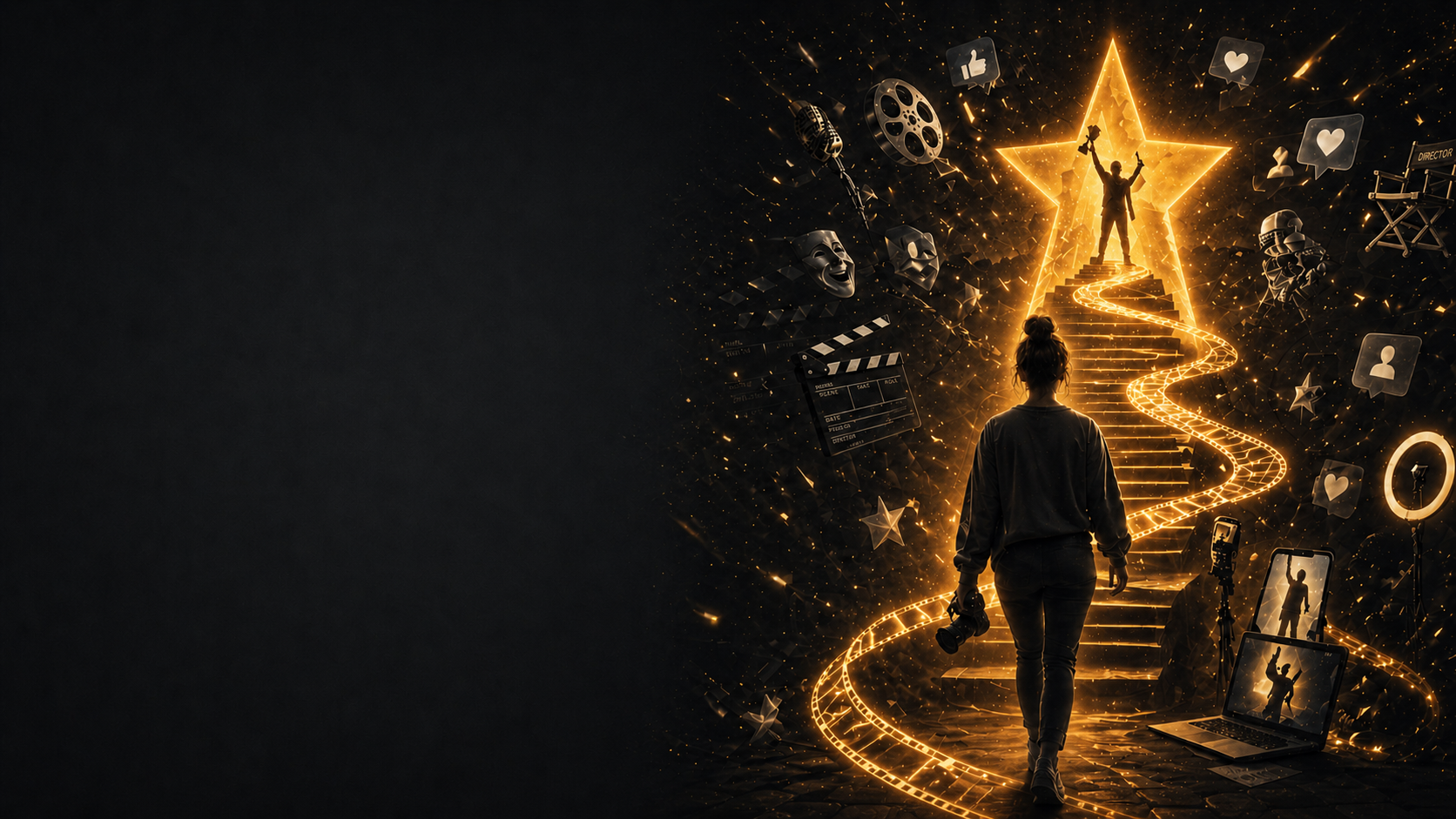 Person walking up a glowing filmstrip staircase toward a star stage, surrounded by filmmaking and social media icons in warm orange light.