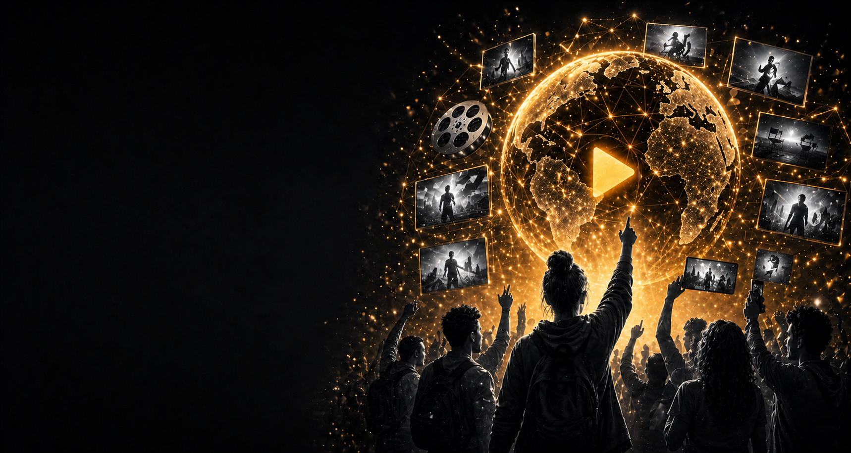 Person reaching toward a glowing film reel with a swirling filmstrip and floating cinematic scenes.
