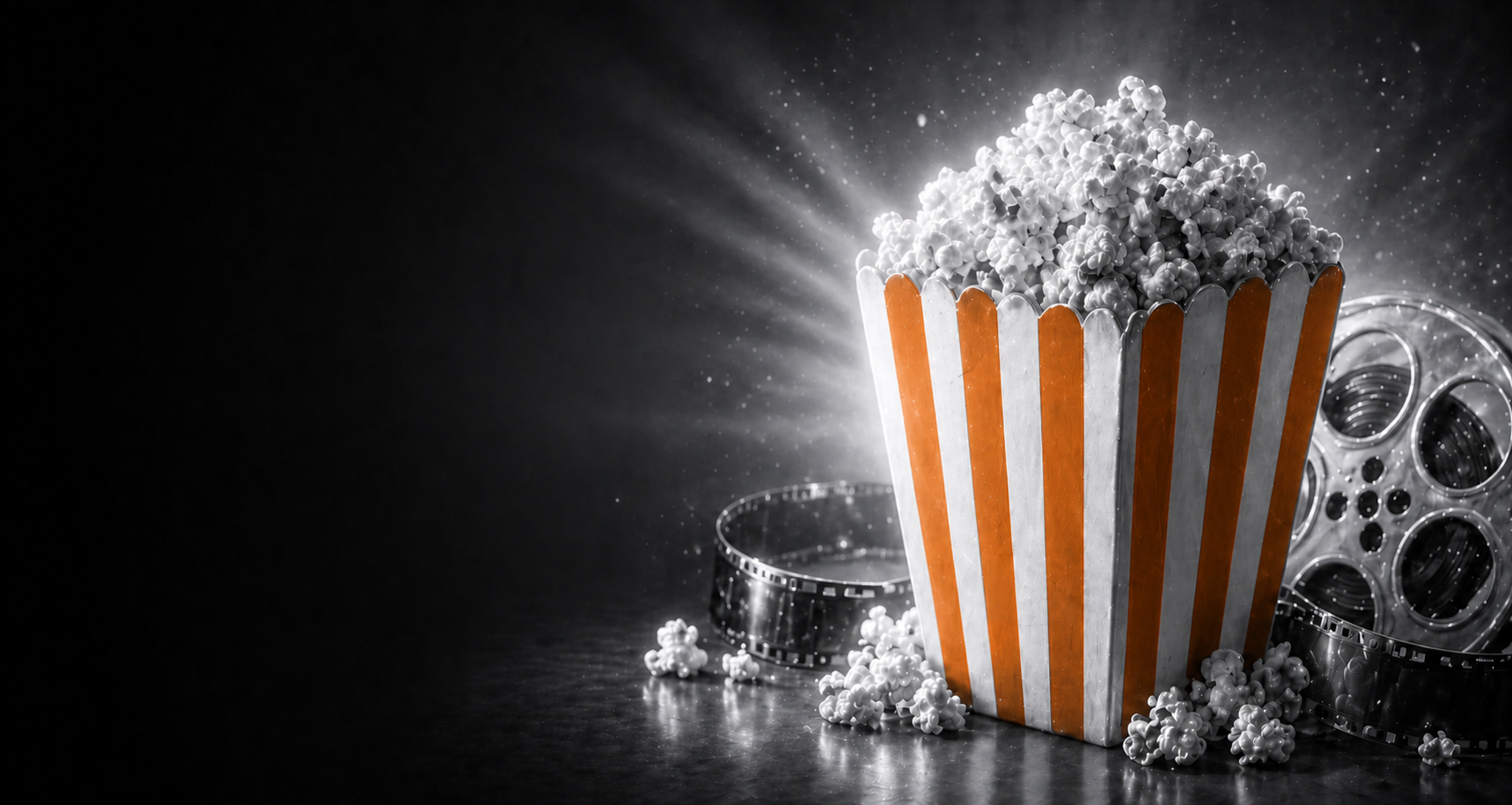 Striped popcorn bucket glowing in warm light, with film reel and filmstrip in the background.