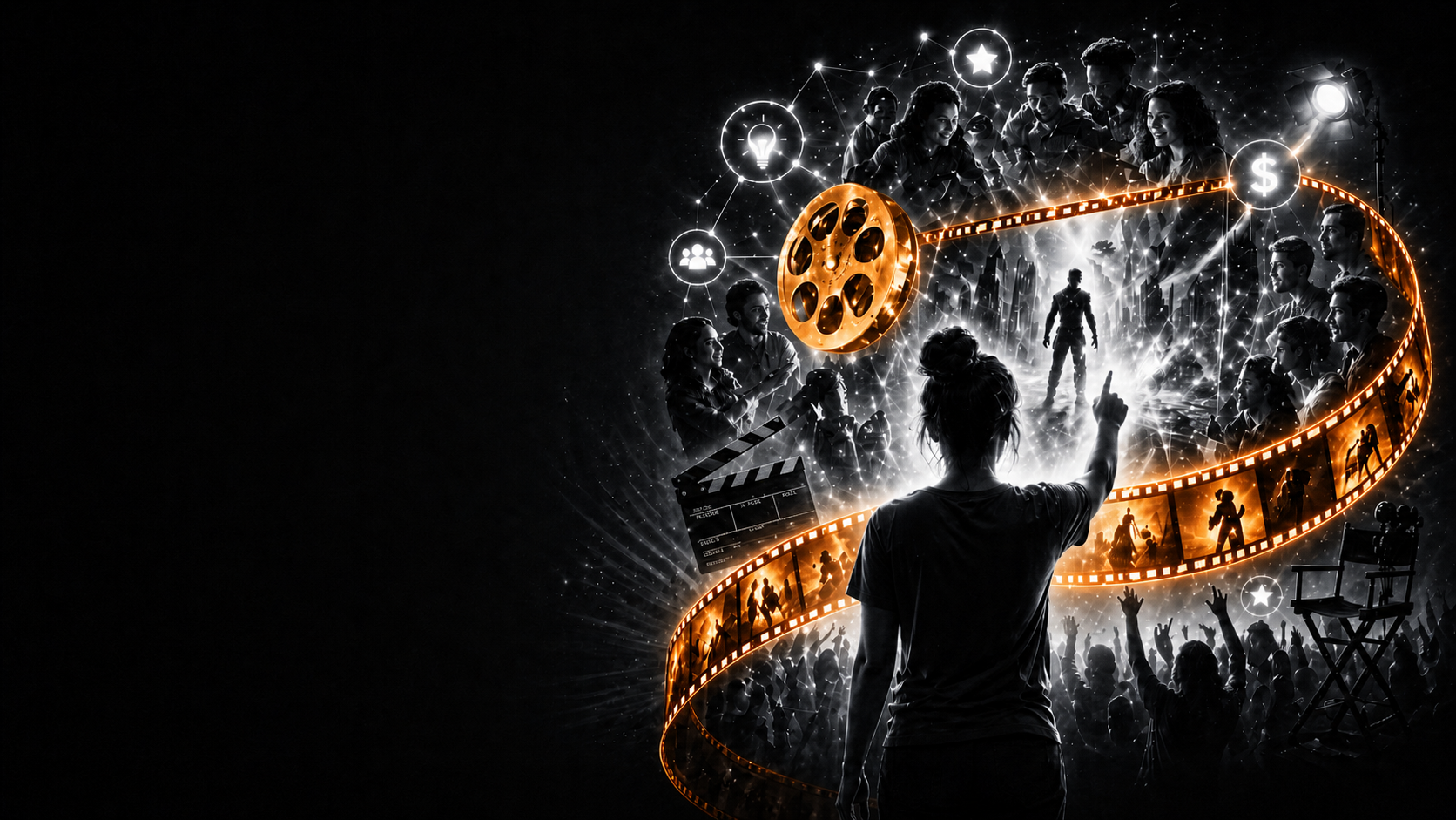 Person pointing at a glowing film scene, surrounded by audience, creators, and icons for ideas, funding, and collaboration. (AI-generated image)