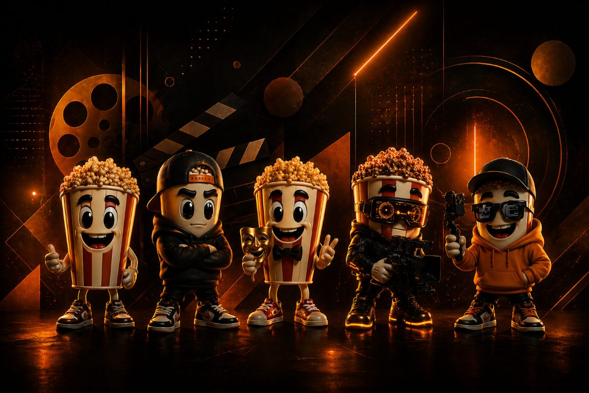 Cinematic lineup of 3D Popcorn Pal mascots on a dramatic film stage with glowing film reels and warm lighting. (AI-generated image)